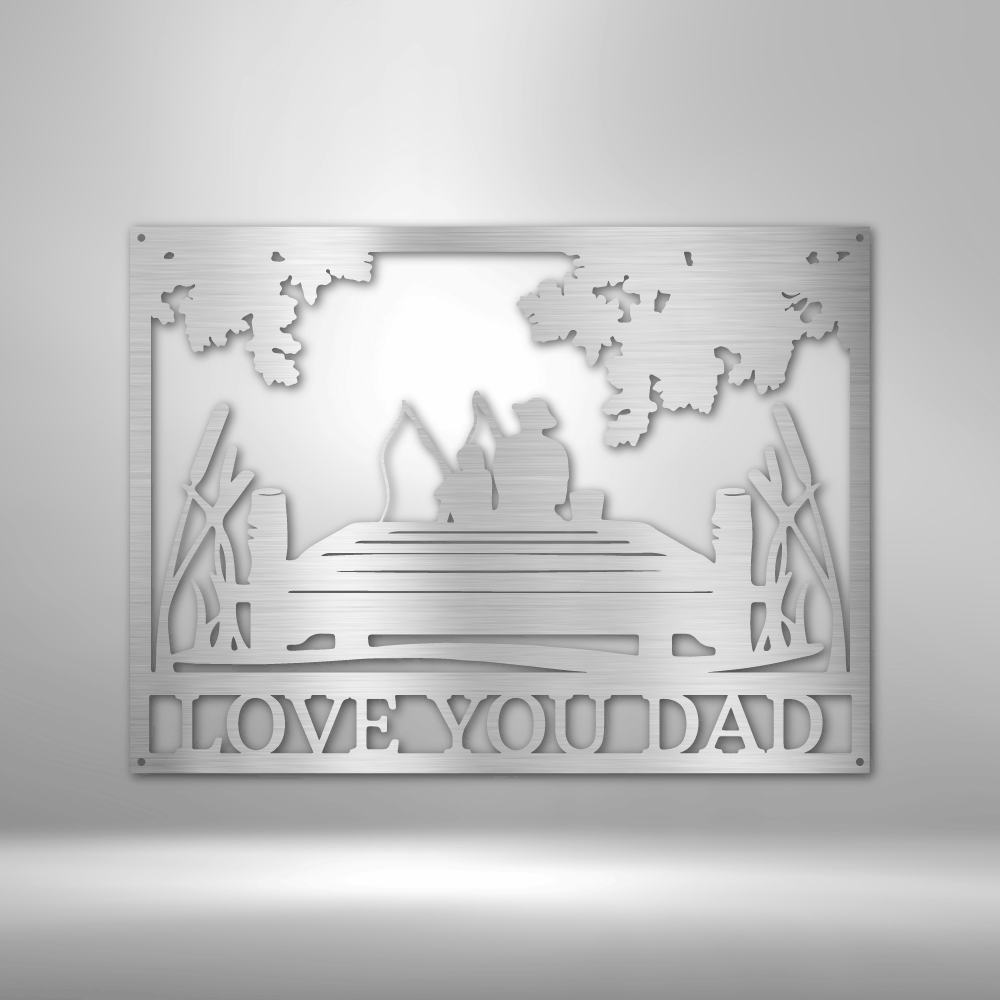 Metal wall art with 'I Love You Dad' text and silhouette of a father and child on a bench.