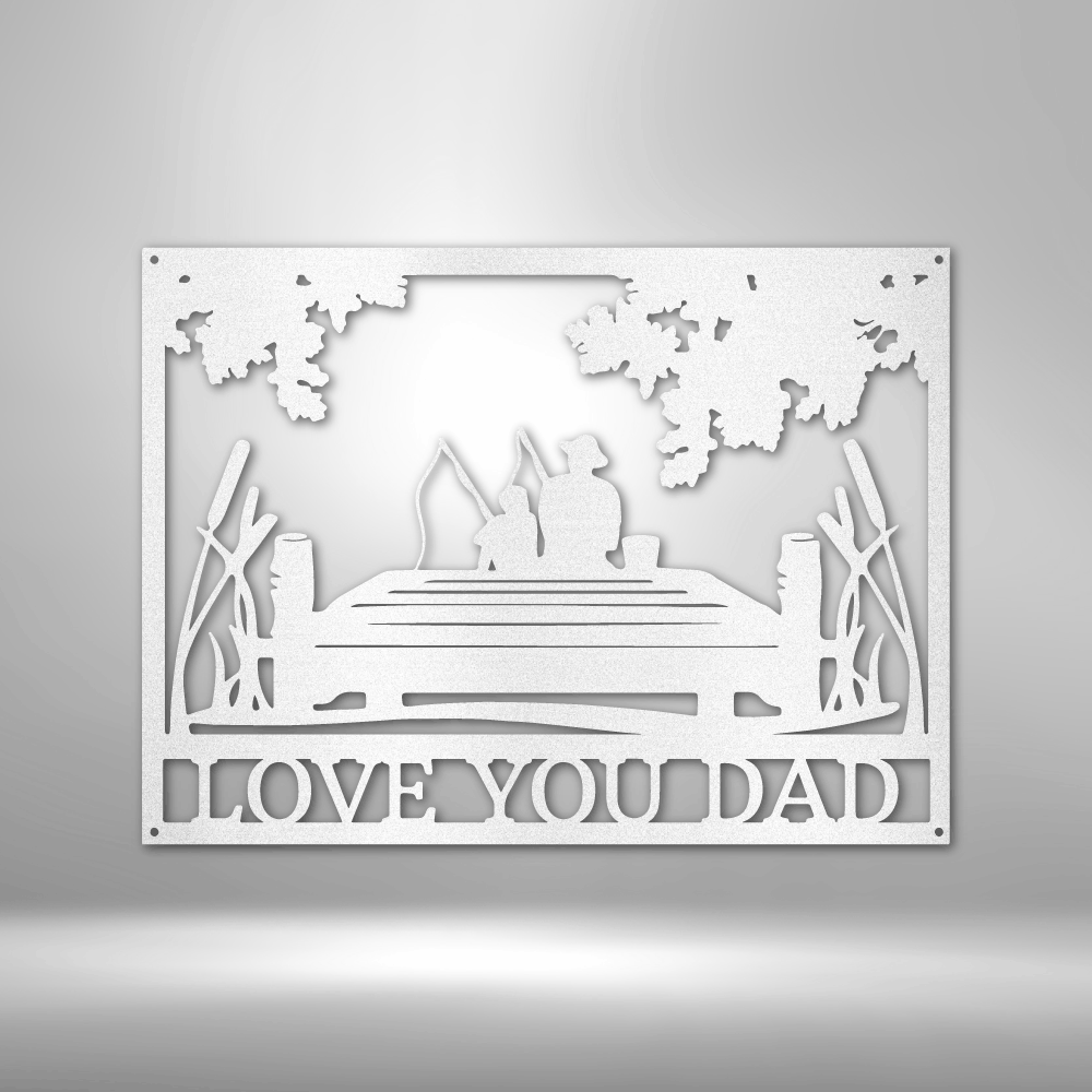 Decorative metal wall art with 'I Love You Dad' text on a gray background
