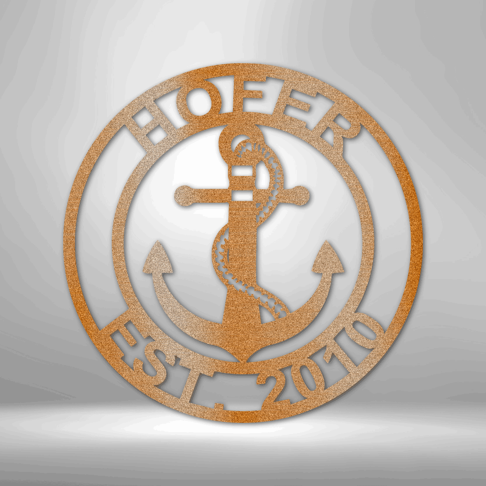 Decorative metal sign with anchor design and 'Hofer Est. 2020' text on a gray background