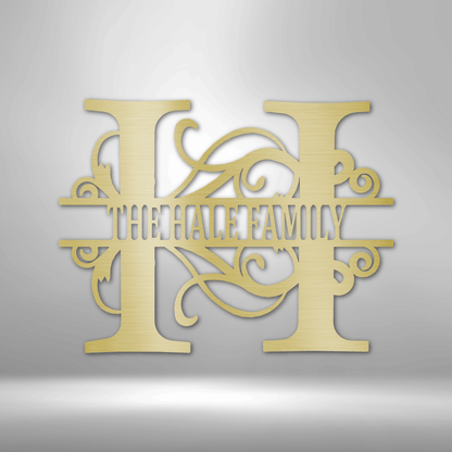 Decorative wall art with 'Hale Family' on a metallic surface