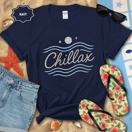 Navy t-shirt with 'Chillax' design on a beach setting with flip-flops and sunglasses.