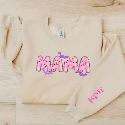 Comfy fall pullover with bats, spiderwebs, and mama text
