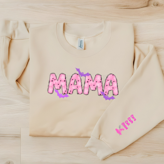 Comfy fall pullover with bats, spiderwebs, and mama text