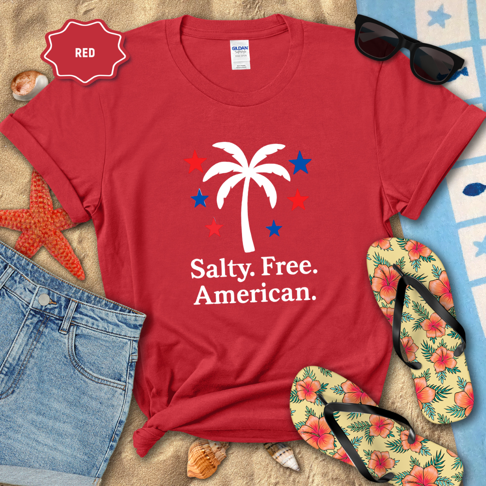 Red t-shirt with palm tree and text 'Salty. Free.