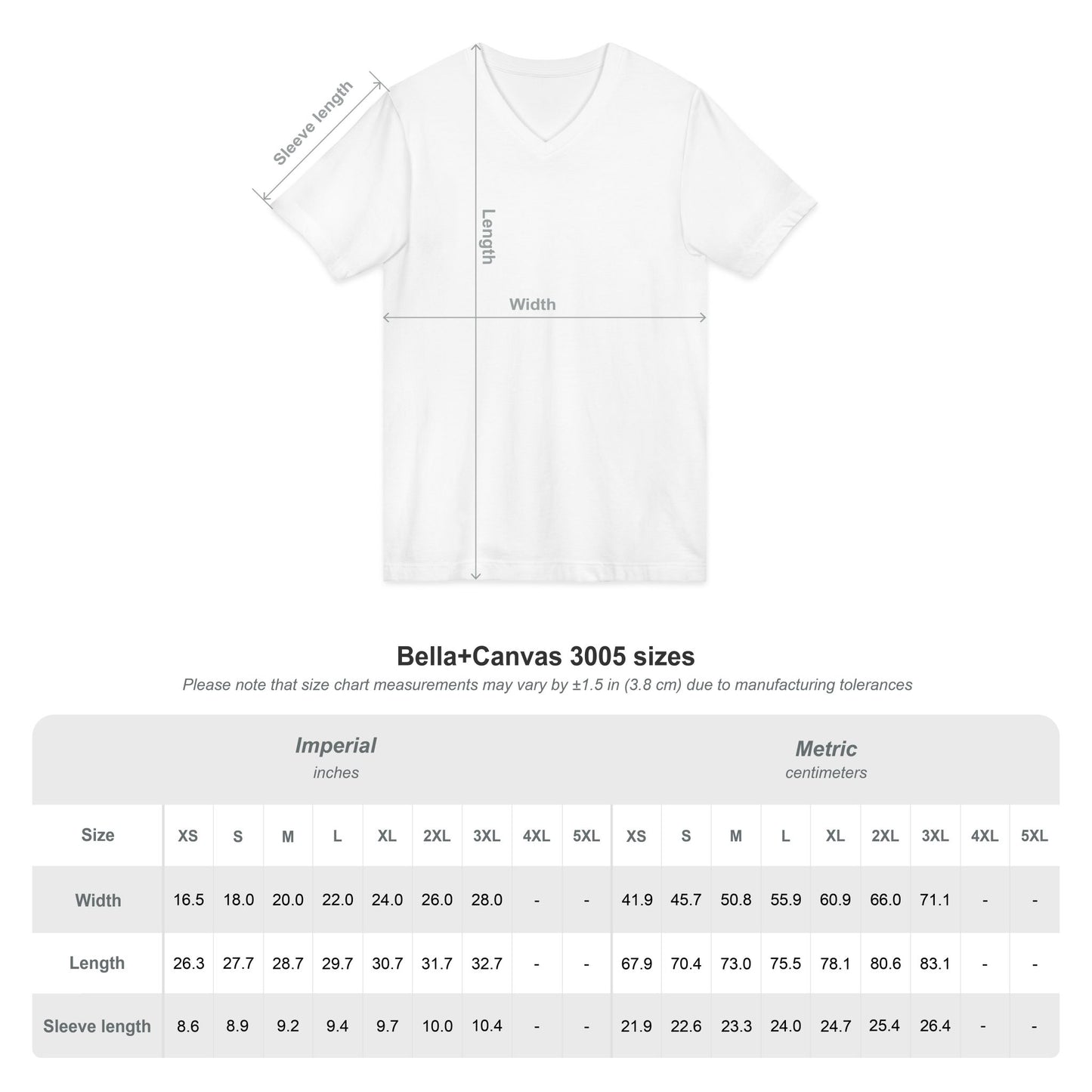 White t-shirt with size chart measurements on a white background