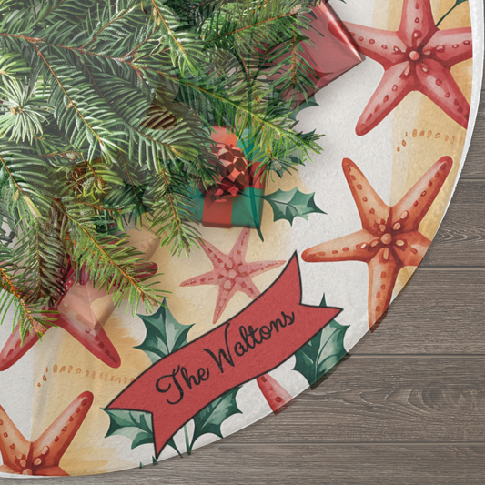 Christmas-themed rug with starfish, holly, and pine branches on a wooden floor.