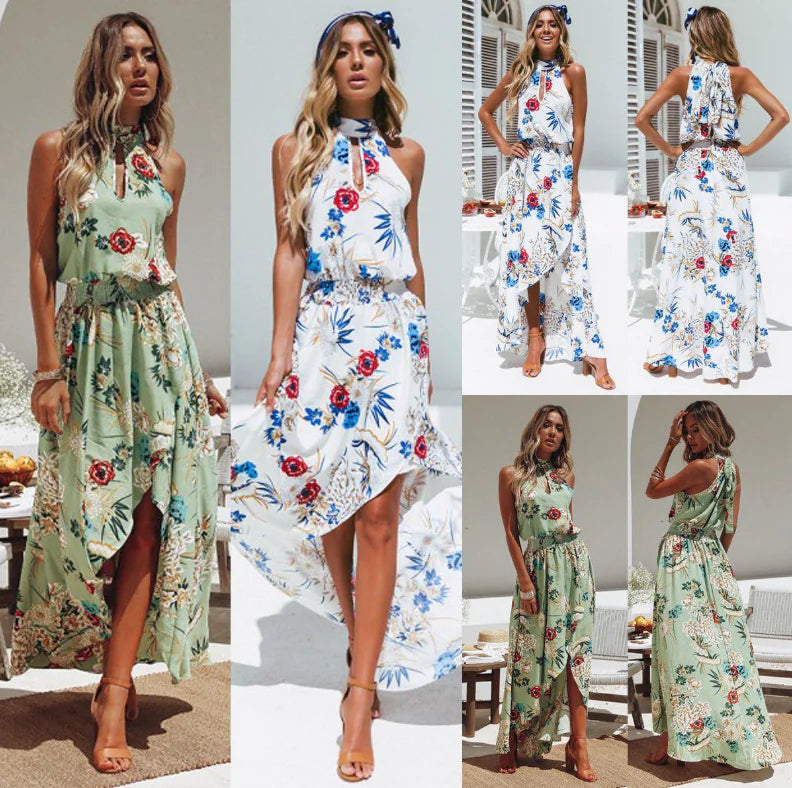 Sleeveless pullover summer dress in white and green
