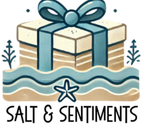 Logo with a gift box, bow, and starfish on water, accompanied by the text 'Salt & Sentiments'.