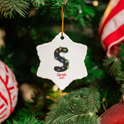 Christmas| Monogram Ceramic Christmas Ornament – Custom Initial with Christmas Lights, Name & Year