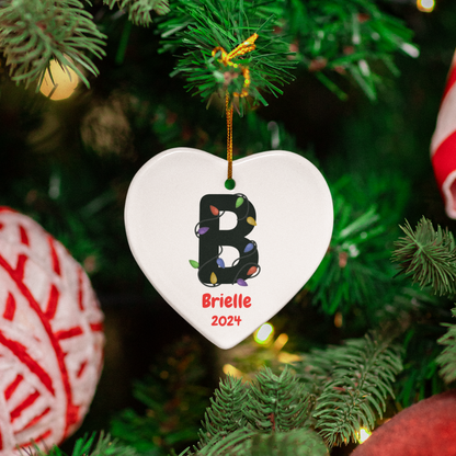 Christmas| Monogram Ceramic Christmas Ornament – Custom Initial with Christmas Lights, Name & Year