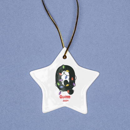Christmas| Monogram Ceramic Christmas Ornament – Custom Initial with Christmas Lights, Name & Year