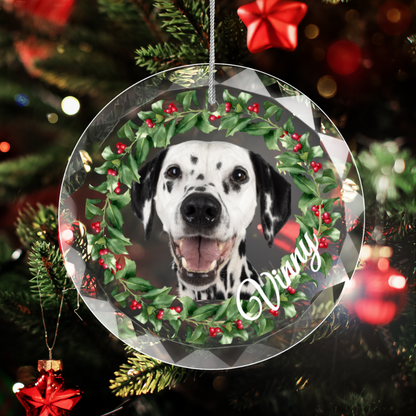 Christmas | Custom Pet Photo Glass Christmas Ornament – Personalized Pet Picture and Name Holiday Décor