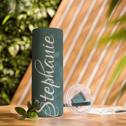 Stylish matte-finish tumbler with spill-resistant lid & straw.