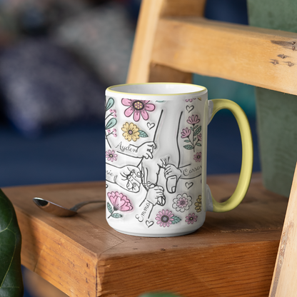 Custom mom mug with floral design and kids' names, 15oz ceramic gift