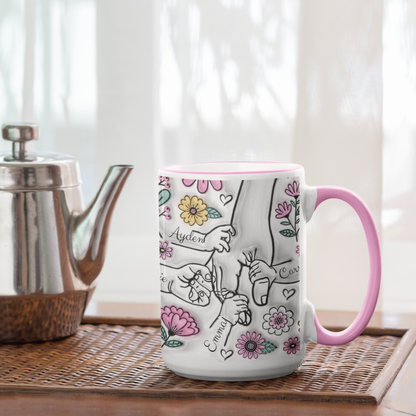 Personalized floral hand-holding mug with colorful flowers, customizable with up to 6 children’s names, available in 3 handle colors

