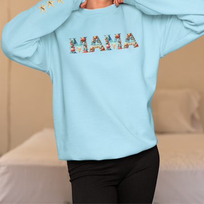 Light blue MAMA sweatshirt with beach-themed letters and starfish sleeve design, perfect cozy gift for moms.