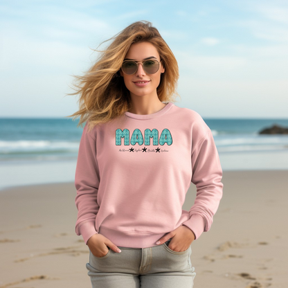 Light pink beachy MAMA sweatshirt with up to 4 children's names and starfish accents, great gift idea for moms.

