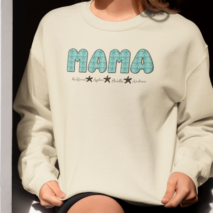 Cute custom MAMA crewneck with green starfish letters and child name personalization, cozy sweatshirt for moms.

