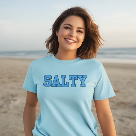 Light blue t-shirt with bold SALTY varsity print