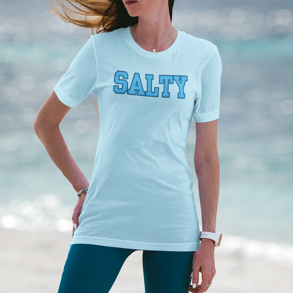 Unisex cotton tee in light blue with SALTY design
