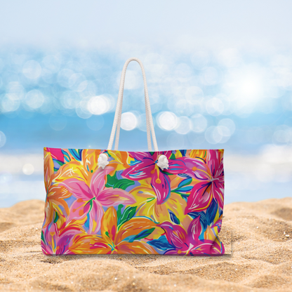 Oversized Beach bag with bright tropical preppy floral print in pink, orange, and yellow tones