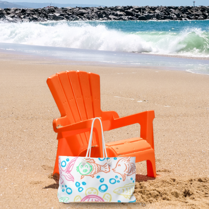 Oversized beach bag with colorful hand-drawn fish and bubbles on white
