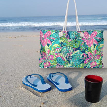 Colorful tropical floral beach bag with pink and green flowers