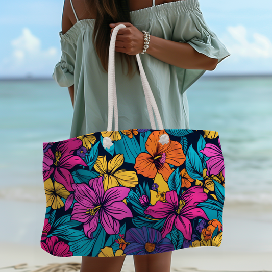 Bold Tropical Floral Beach Bag – Oversized Weekender Tote