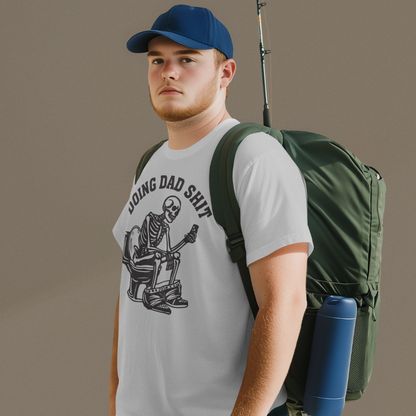 Unisex heavy cotton tee with “Doing Dad Shit” print with a dad wearing fishing gear as well.