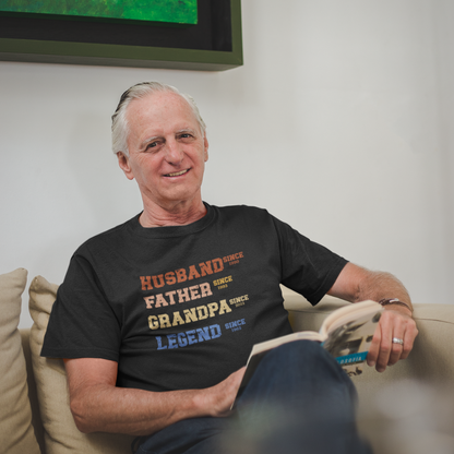 Men's graphic tee celebrating husband, father, grandpa, legend