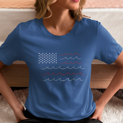 Stylish American flag beach waves tee in bright blue