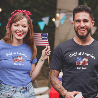 Gulf of America Est. 2025 blue t-shirt with American flag