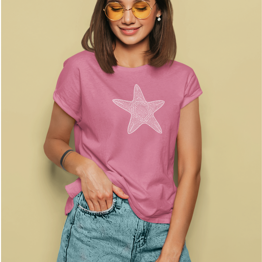 Woman wearing heather raspberry starfish t-shirt styled with sunglasses