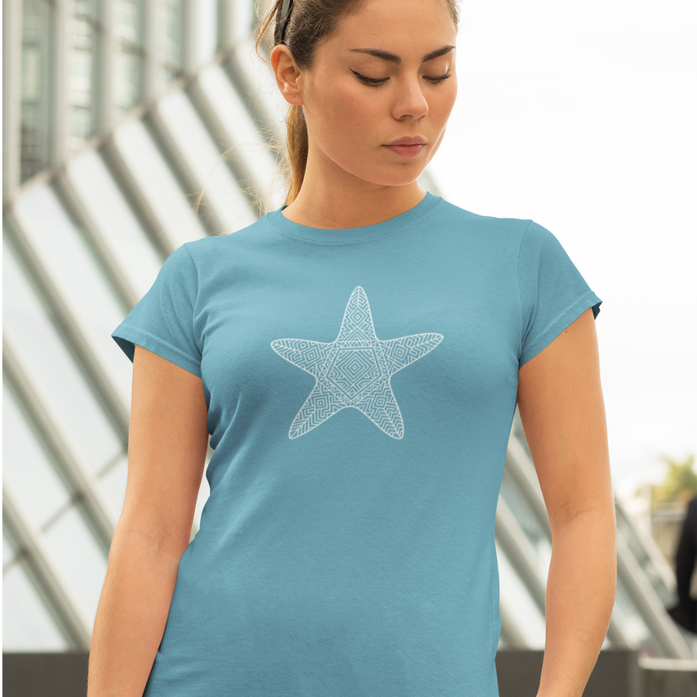 Blue starfish t-shirt for women, casual beachwear style