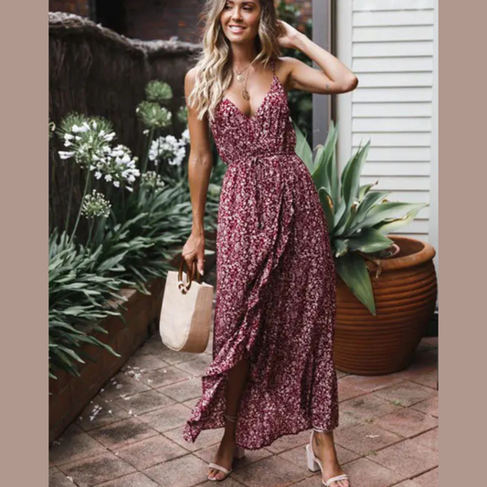 Floral Spaghetti Strap Maxi Dress – Wine Red Summer Dress