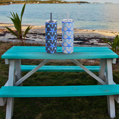 Beach-themed stainless steel tumbler with blue starfish


