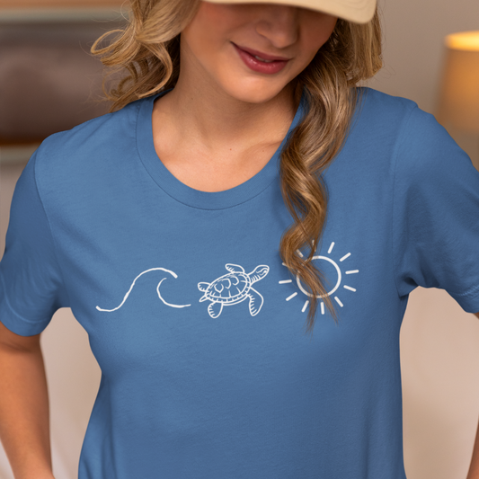 Soft jersey t-shirt with beachy turtle and sun illustration in white ink