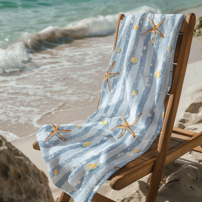 Palm tree beach towel with soft cotton backing in beach setting