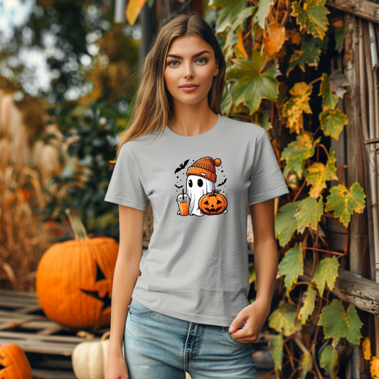 Cute Ghost Halloween T-Shirt with Pumpkin and Iced Coffee – Fall Vibes Tee