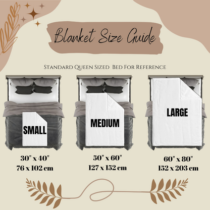 Blanket size guide with standard measurements for small, medium, and large blankets on a beige background.