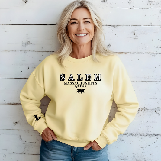 Salem, Massachusetts Est. 1629 Halloween Sweatshirt - Custom Design with Witch & Black Cat