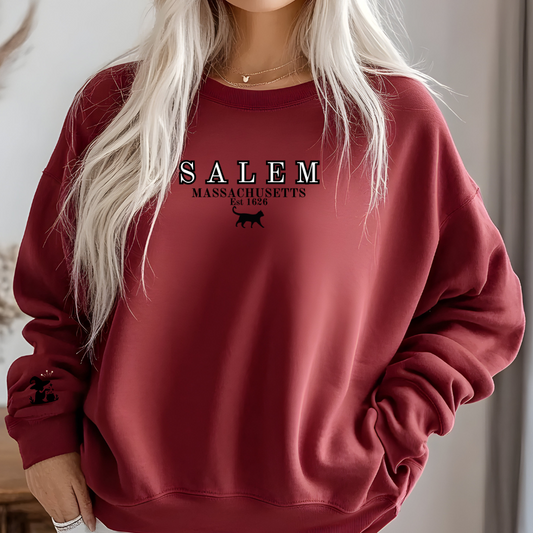 Salem, Massachusetts Est. 1629 Halloween Sweatshirt - Custom Design with Witch & Black Cat