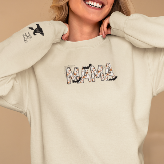 Personalized Halloween Mama Sweatshirt – Fall Floral & Bat Design