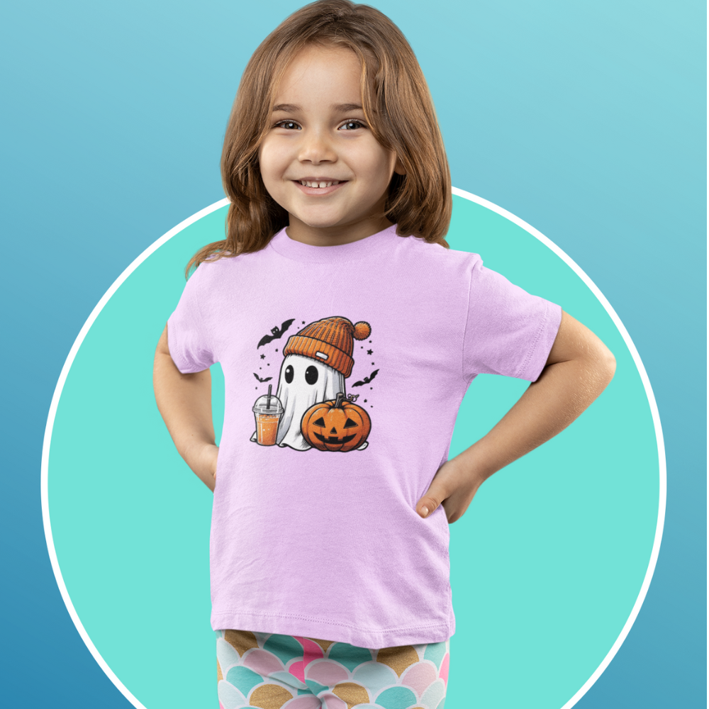 Halloween| Cute Halloween Ghost T-Shirt for Kids | Orange Beanie & Festive Drink Desi