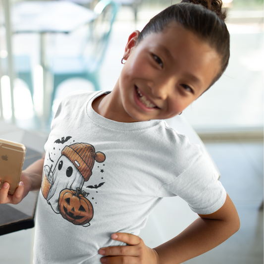 Halloween| Cute Halloween Ghost T-Shirt for Kids | Orange Beanie & Festive Drink Desi