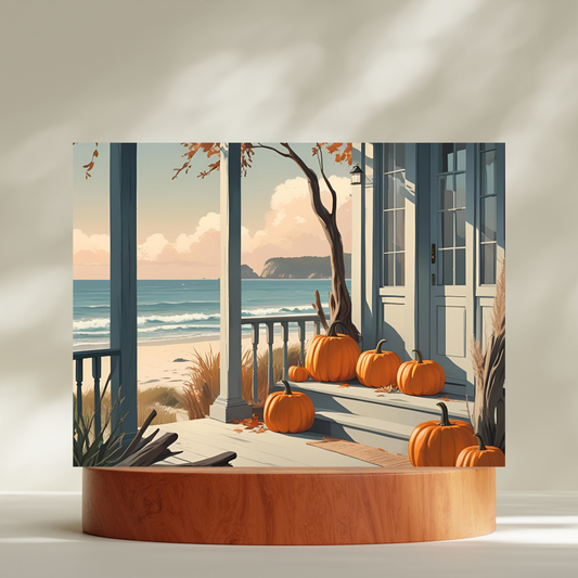 Pumpkins on a beach porch with ocean view