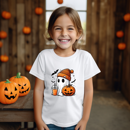 Halloween| Cute Halloween Ghost T-Shirt for Kids | Orange Beanie & Festive Drink Desi