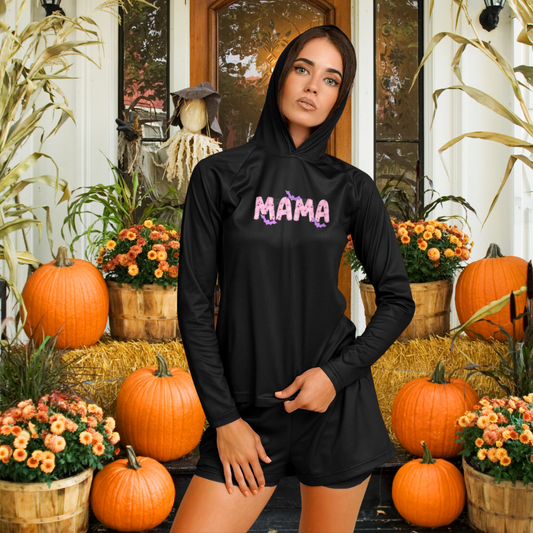 Mama Long Sleeve Hooded Performance Shirt – Halloween -Themed Activewear for Moms