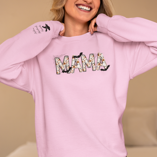 Personalized Halloween Mama Sweatshirt – Fall Floral & Bat Design