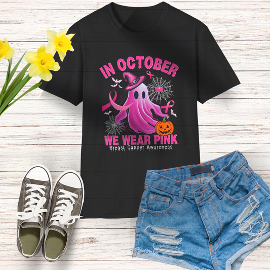 In October We Wear Pink T-Shirt – Breast Cancer Awareness Halloween Shirt